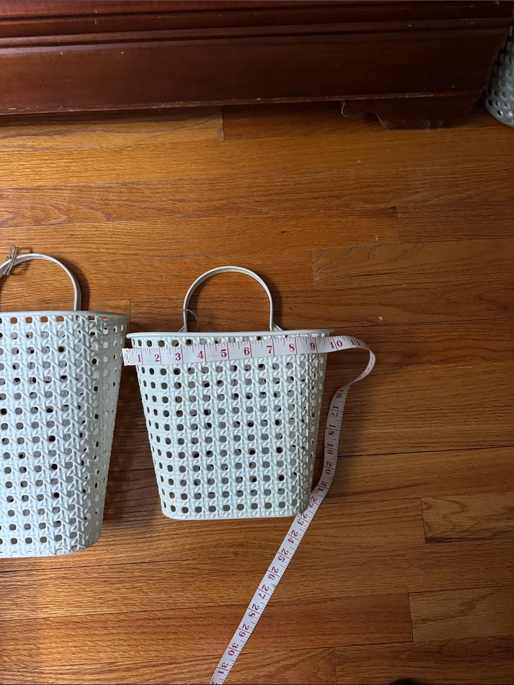 2 White Woven Metal Hanging baskets large and small for doors or wall!